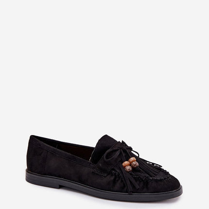 Womens Eco Suede Moccasins Fringed With Beaded Bow - Très Elite
