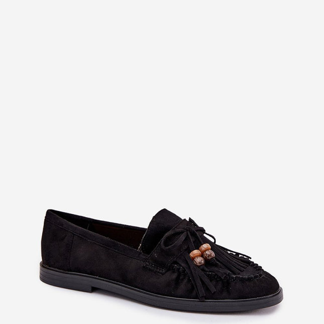 Womens Eco Suede Moccasins Fringed With Beaded Bow - Très Elite