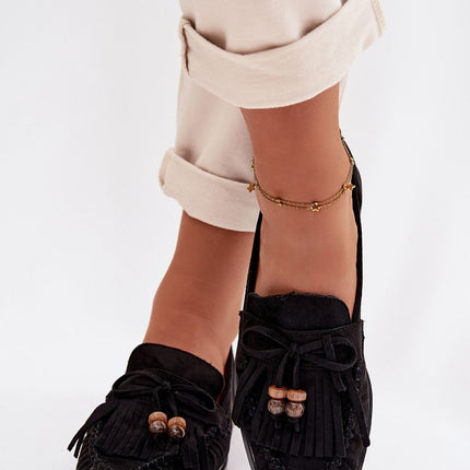 Womens Eco Suede Moccasins Fringed With Beaded Bow - Très Elite