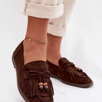 Womens Eco Suede Moccasins Fringed With Beaded Bow - Très Elite