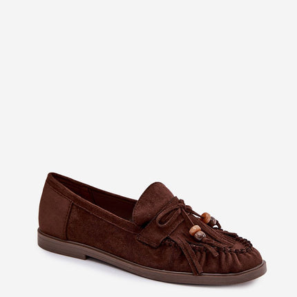 Womens Eco Suede Moccasins Fringed With Beaded Bow - Très Elite