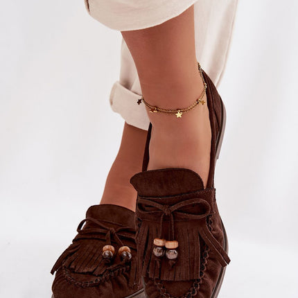 Womens Eco Suede Moccasins Fringed With Beaded Bow - Très Elite