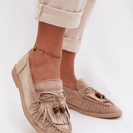 Womens Eco Suede Moccasins Fringed With Beaded Bow - Très Elite
