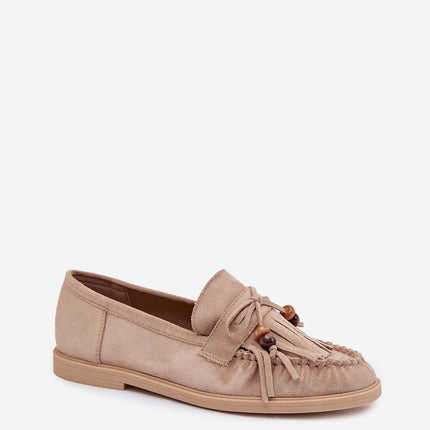 Womens Eco Suede Moccasins Fringed With Beaded Bow - Très Elite