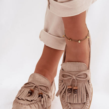 Womens Eco Suede Moccasins Fringed With Beaded Bow - Très Elite