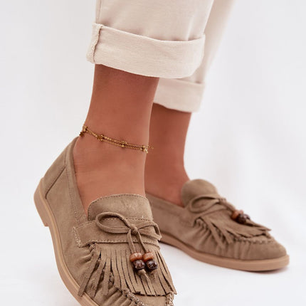 Womens Eco Suede Moccasins Fringed With Beaded Bow - Très Elite