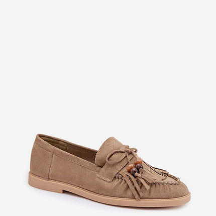 Womens Eco Suede Moccasins Fringed With Beaded Bow - Très Elite