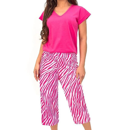Women's Pajama Set With Print Three Quarter Length Pants And V Neck Top - Très Elite