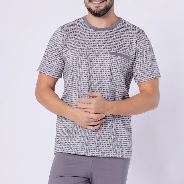 Mens Pajamas Set With Print Chest Pocket Round Neck Tee And Elastic Shorts - Très Elite