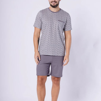 Mens Pajamas Set With Print Chest Pocket Round Neck Tee And Elastic Shorts - Très Elite