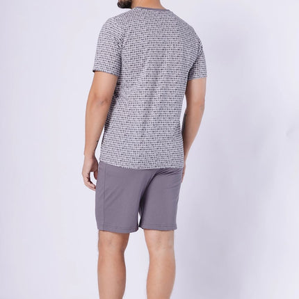 Mens Pajamas Set With Print Chest Pocket Round Neck Tee And Elastic Shorts - Très Elite