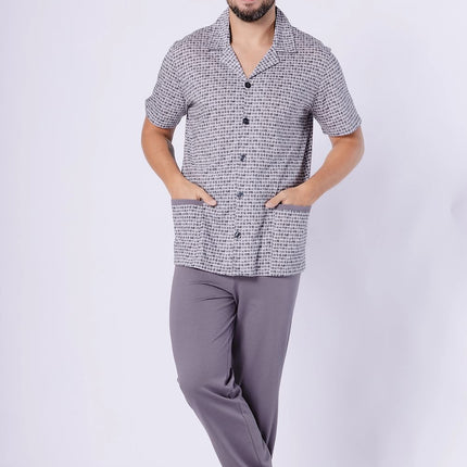 Men's Pyjama Set With Short Sleeve Collar Shirt And Pocketed Long Pants - Très Elite