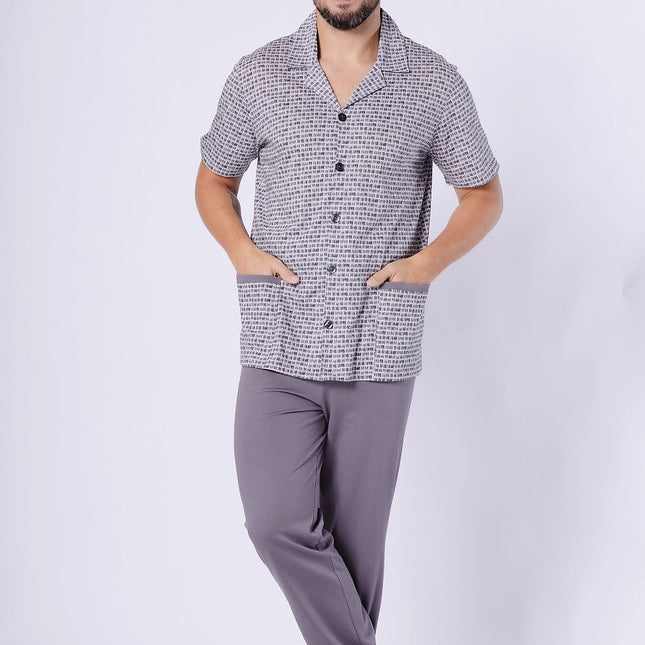 Men's Pyjama Set With Short Sleeve Collar Shirt And Pocketed Long Pants - Très Elite