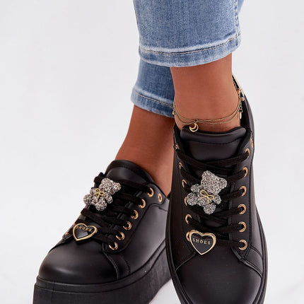 Women Platform Eco Leather Sneakers With Teddy Bear Charms - Très Elite