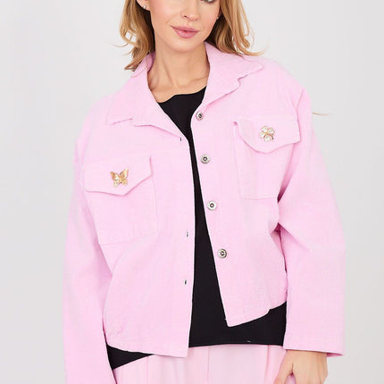 Rue Paris Women's Corduroy Jacket with Pockets and Button Closure