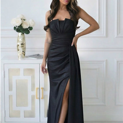 Bicotone Elegant Long Dress with Pockets and Adjustable Straps