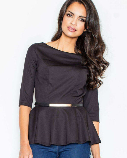 Luxe Gilded Boat Neck Blouse with Belted Basque Design