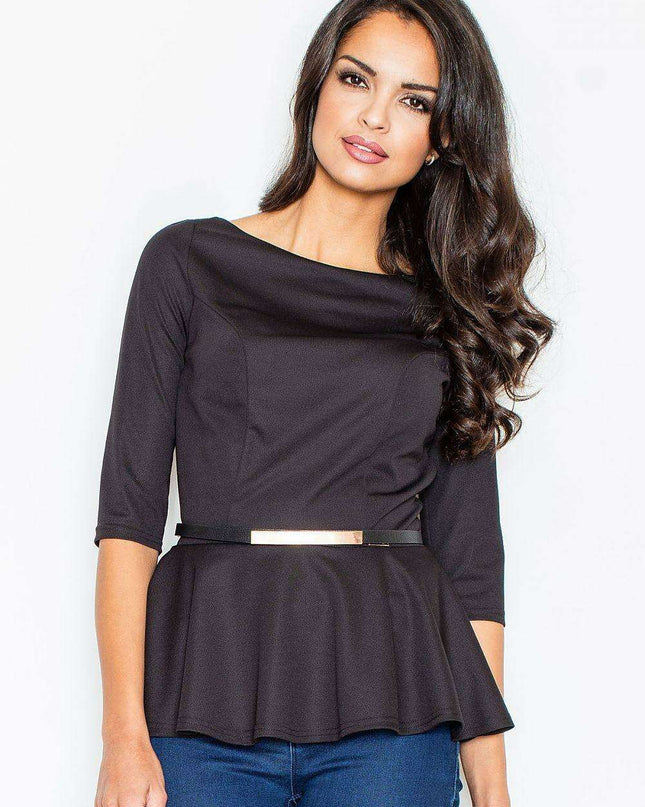 Luxe Gilded Boat Neck Blouse with Belted Basque Design