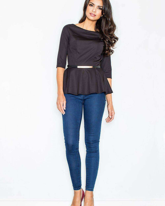 Luxe Gilded Boat Neck Blouse with Belted Basque Design