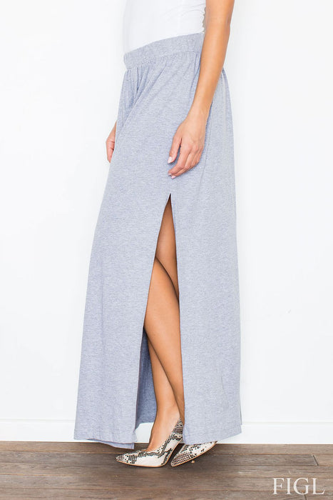 Sophisticated Gray Cotton Maxi Skirt with Alluring Leg Exposure