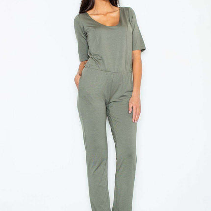 Chic Elbow-Length Sleeve Viscose Jumpsuit with Stylish Accents