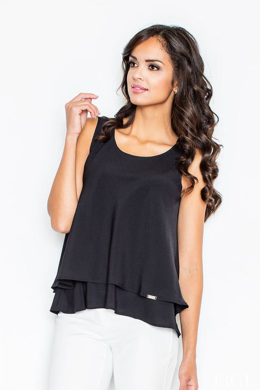 Feminine Knit Blouse with Wide Straps and Double-Layered Hem
