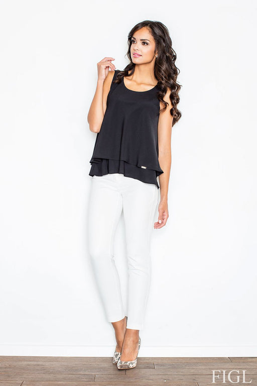 Feminine Knit Blouse with Wide Straps and Double-Layered Hem