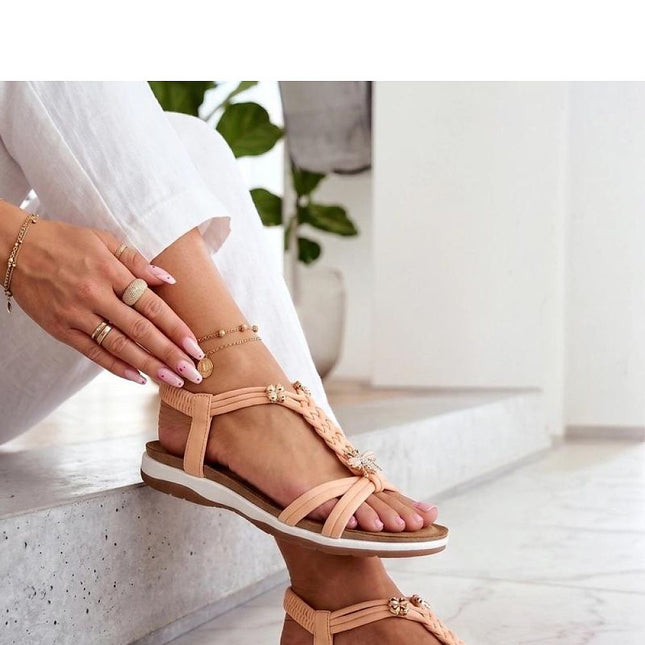 Beige Flip-Flops with Zircon Insect Detail — Cushioned Eco-Leather Footbed