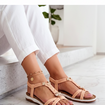 Beige Flip-Flops with Zircon Insect Detail — Cushioned Eco-Leather Footbed