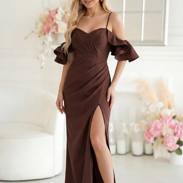 Bicotone Elegant Long Dress with Pockets and Adjustable Straps