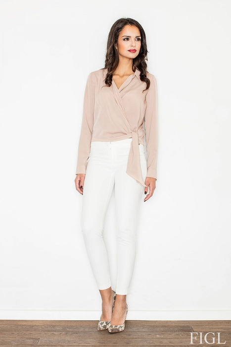 Sophisticated Crepe Blouse with Waist-Tie Accent & Flexible Spandex Blend