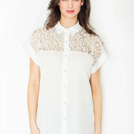 Chic Collared Knit Mesh Blouse with Snap Closure