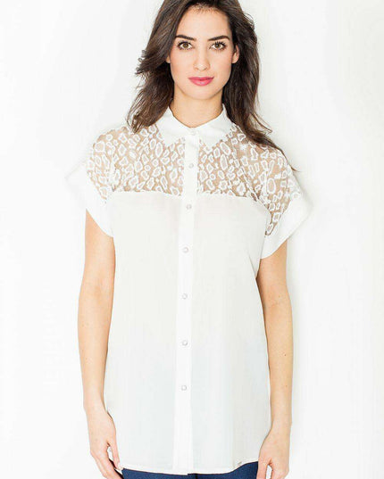 Chic Collared Knit Mesh Blouse with Snap Closure