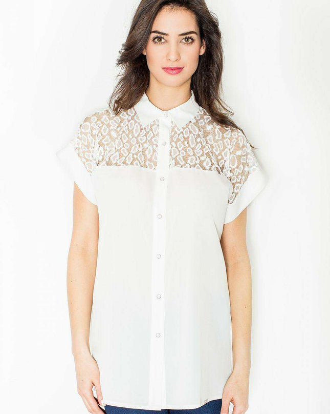 Chic Collared Knit Mesh Blouse with Snap Closure