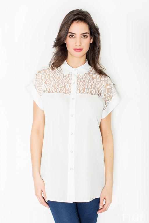 Sophisticated Knit Mesh Blouse with Collar and Press Studs