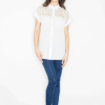 Chic Collared Knit Mesh Blouse with Snap Closure