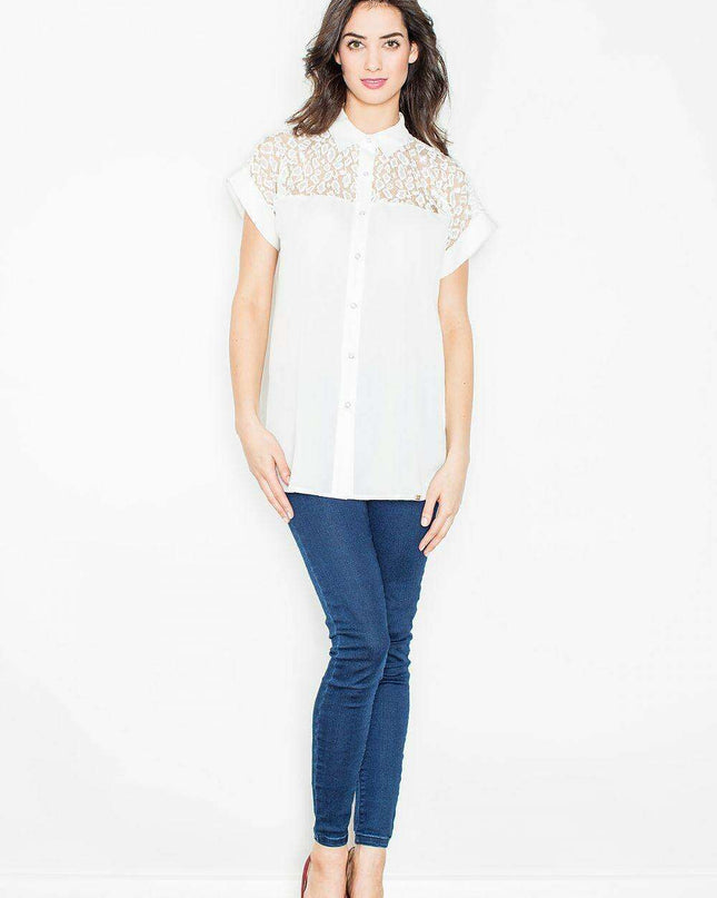 Chic Collared Knit Mesh Blouse with Snap Closure