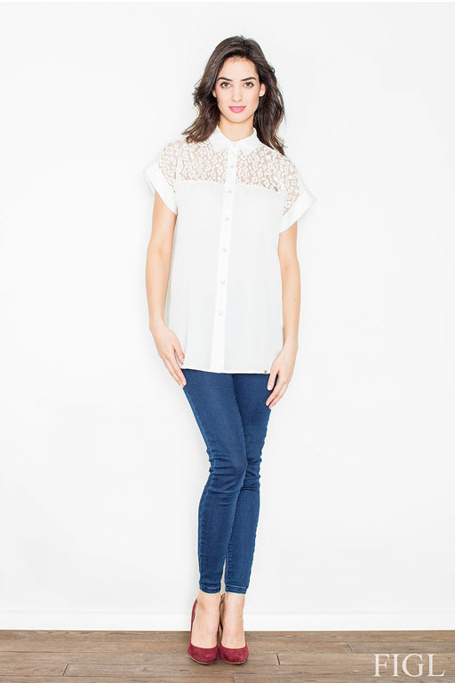Elegant Knit Mesh Blouse with Collar and Press Studs