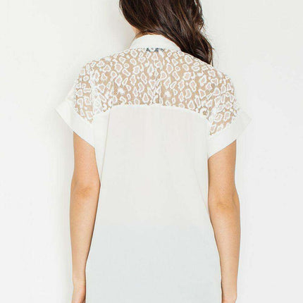 Chic Collared Knit Mesh Blouse with Snap Closure