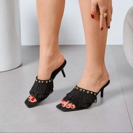Fringe Heeled Sandals — Ecological Suede, 6cm Heel, EU 36–41