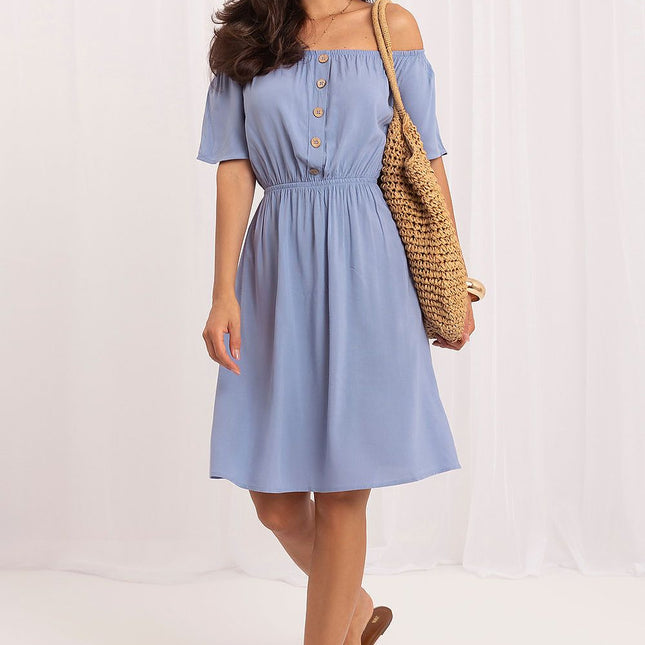Sublevel Daydress — Spanish Neckline Flared Viscose Dress in Blue