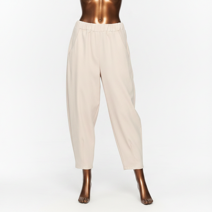 Makadamia Loose Fit Elastic Waist Trousers — Beige, 95% Cotton, Tapered Leg Sweaters jumper-29 Clothing > Bottoms > Trousers & Pants > Casual Trousers