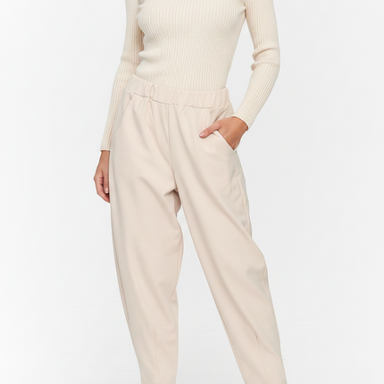Makadamia Loose Fit Elastic Waist Trousers — Beige, 95% Cotton, Tapered Leg Sweaters jumper-29 Clothing > Bottoms > Trousers & Pants > Casual Trousers