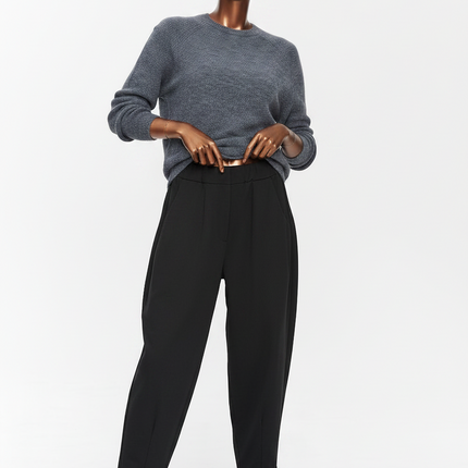 Makadamia Loose Fit Elastic Waist Trousers — Black, 95% Cotton, Tapered Leg Mouse Pads women-trousers-86 Clothing > Bottoms > Trousers & Pants > Casual Trousers