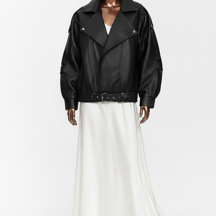 Oversized Faux Leather Jacket — High Collar, Full Zip & Adjustable Belt Coats & Jackets jacket-57 Clothing > Women's Clothing > Outerwear > Jackets & Coats > Faux Leather Jackets
