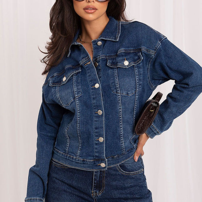 Italy Moda Classic Denim Jacket with Adjustable Cuffs & Relaxed Fit