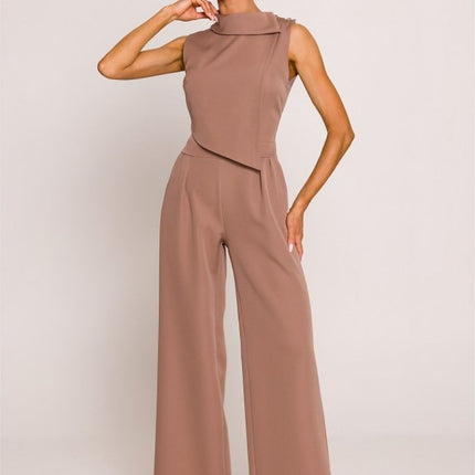 Chic Wide-Leg Jumpsuit with Stylish Roll-Up Collar and Unique Accents - Très Elite