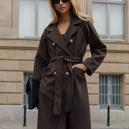 Rue Paris Women's Professional Longline Coat with Belted Waist and Poc