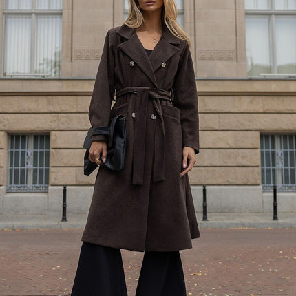 Rue Paris Women's Professional Longline Coat with Belted Waist and Poc