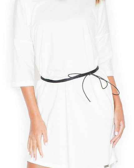 Chic Cotton Midi Dress with Elbow Sleeves and Customizable Waist Belt